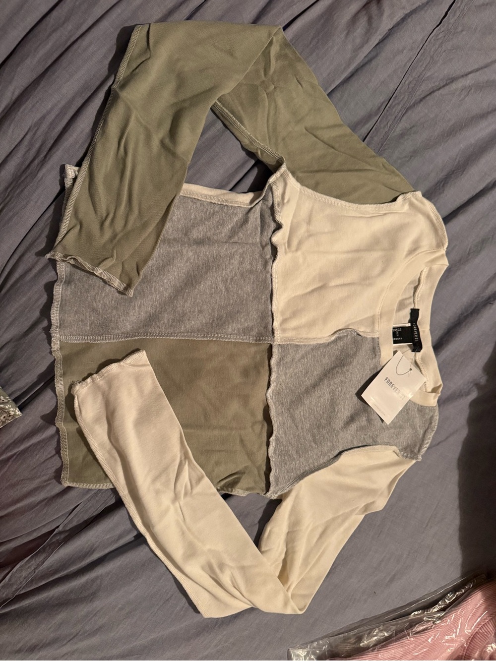 Forever 21 Cream and Light Gray Patchwork Long Sleeve Top